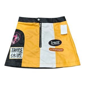 Truce Yellow Patches Faux Leather Skirt 14